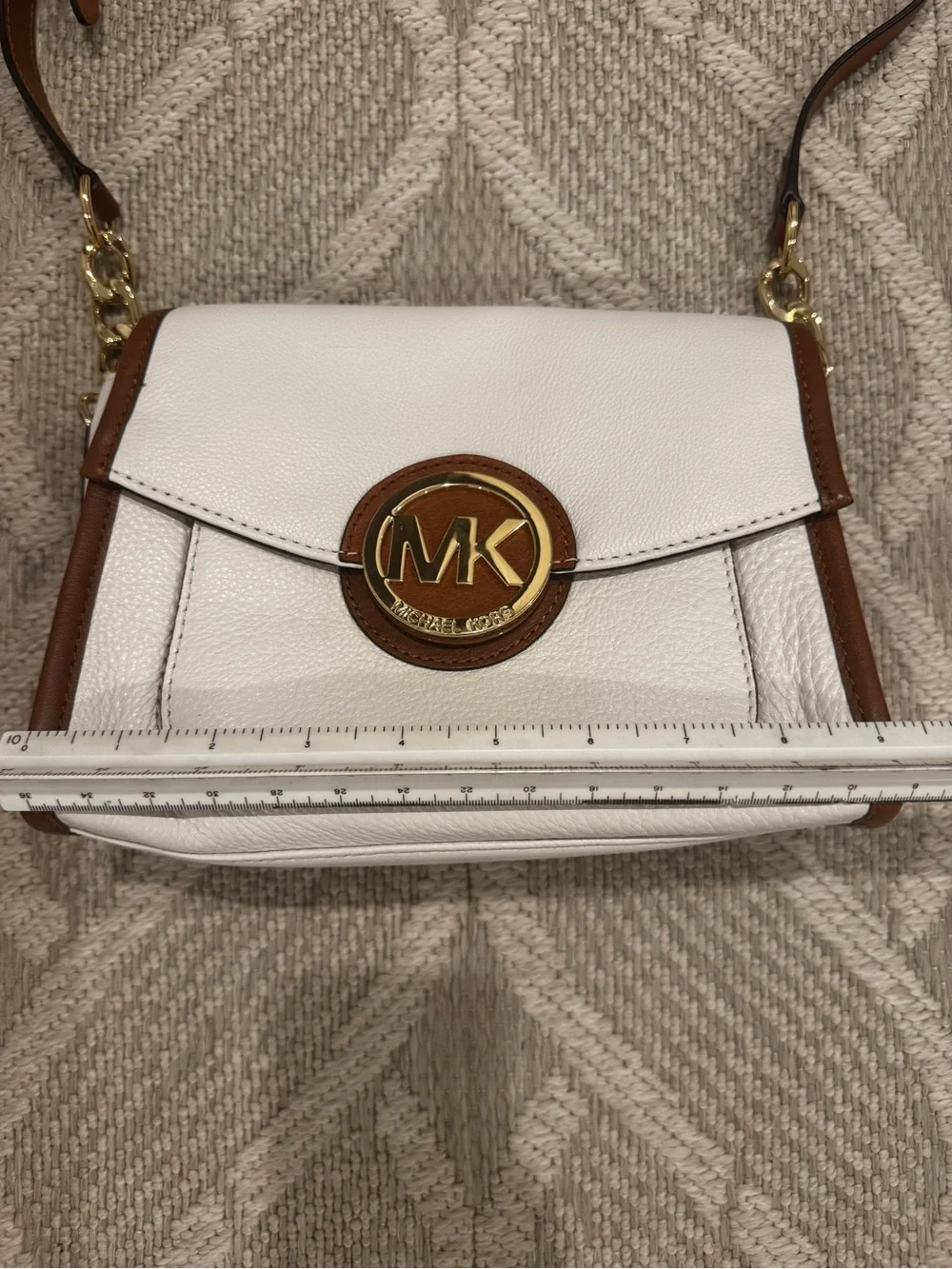 Michael Kors White and Brown Leather MK Logo Crossbody